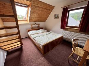 a small bedroom with a bed and a ladder at U Javoru in Albrechtice v Jizerských horách +10 photos