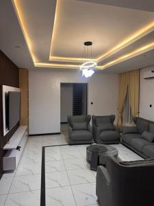 een woonkamer met twee banken en een tv bij Next Level Apartments and Suites in Ibadan