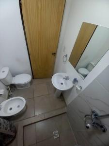 een badkamer met een toilet, een wastafel en een spiegel bij Viento Sur 2 in Estancia El Polomo