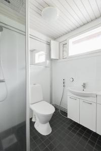 een witte badkamer met een toilet en een wastafel bij Dávidi talo 