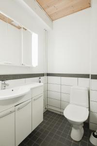 een witte badkamer met een toilet en een wastafel bij Dávidi talo  +6 foto's