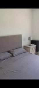 ein Schlafzimmer mit einem Bett und einem Nachttisch mit einer Lampe in der Unterkunft Villa Guillermina in Villa Giardino