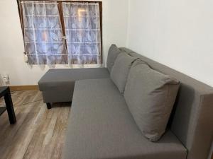a gray couch in a living room with a window at Chouette appart avec garage in Anzin