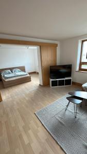 a living room with a bed and a television at Monteur und Ferienwohnung nahe Ulm Zentrum, Legoland Deutschland 