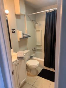 ein kleines Bad mit einem WC und einer Badewanne in der Unterkunft The Mint Motel in Rock Springs + 8 Fotos