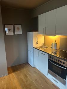 a kitchen with white cabinets and a stove and a sink at Leilighet i 1 etg Røldal in Håra
