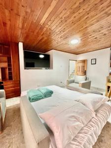 Un dormitorio con una cama grande con techo de madera. en Navidad en familia 2 hab balcón cerca CC Mayorca, en Sabaneta