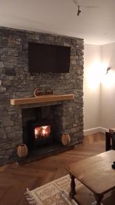 a living room with a stone fireplace with a television at Charming tree top cottage overlooking River Teifi in Cilgerran