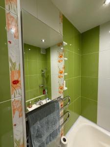 ein grünes Bad mit einem Waschbecken und einem Spiegel in der Unterkunft Armin Castle to Stay in Jelgava