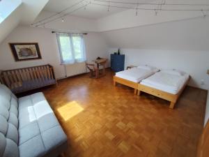 Una sala de estar con dos camas y un sofá en MaLu apartment in nature with terrace, en Jakovica