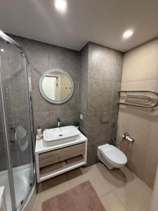 a bathroom with a sink and a shower and a toilet at Compleks by Karlus in Jelgava