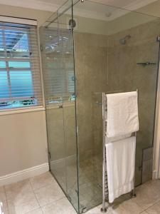 un bagno con doccia con porta in vetro di Airlie Well a Constantia