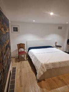 Chambre ouverte colloc - Bordeaux centre في بوردو: غرفة نوم بسرير ابيض وكرسي