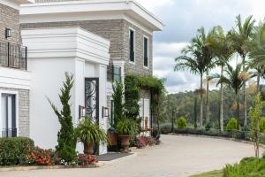a white house with palm trees and a driveway at Pousada e Cerimonial Itamaraty in Pedra Azul