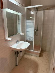 a bathroom with a sink and a shower at Le Joyeux  +17 photos