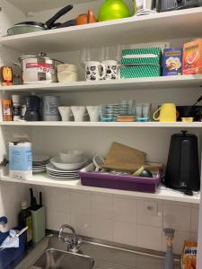 a kitchen shelf filled with dishes and a sink at Die möblierten Apartments in Triesen +26 photos