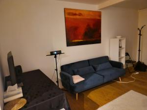 Chambre ouverte colloc - Bordeaux centre في بوردو: غرفة معيشة بها أريكة زرقاء و لوحة