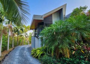 a house on a road with palm trees at The Cassowary - Luxury Rainforest Retreat in Cassowary