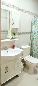 Un baño con lavabo, inodoro y espejo. en Casa familiar completa con patio grande y estacionamiento en zona tranquila, en Ciudad del Este