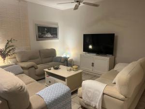 een woonkamer met banken en een flatscreen-tv bij De la Danza in Sevilla