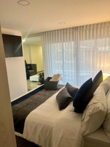 Suite Palace Exclusive lakeside loft في بايبا: غرفة نوم بسرير كبير عليها مخدات