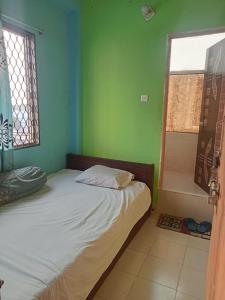 a bedroom with a bed with a green wall at Hotel New View in Chittagong