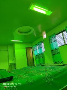 a green bedroom with a bed and a green ceiling at Hotel New View in Chittagong