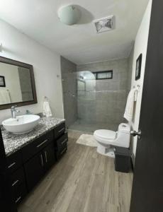 a bathroom with a toilet and a sink and a shower at Casa Bambu in Tapantí