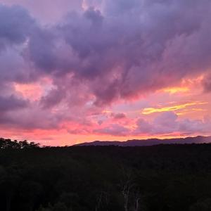a sunset in the sky over a forest at Như Ý Hotel in Kon Plong