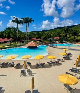 Couleur Caraïbes- 2 Appartements Communicants Vue Mer Pierre&Vacances في سانت لوسي: حمام سباحة كبير مع كراسي ومظلات