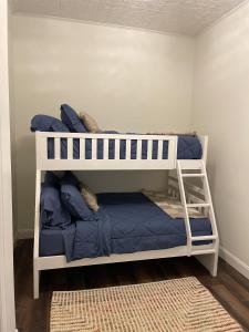 a bunk bed with blue pillows in a room at Historic Market Plaza Overlook in Wheeling