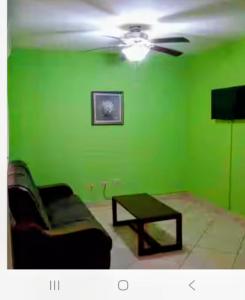 Una sala de estar verde con un sofá y una mesa. en Paradise Suites & Residence, en San Pedro