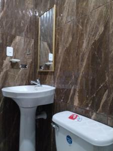 a bathroom with a sink and a toilet and a mirror at Hotel y restaurante El Turista in Francisco de Orellana