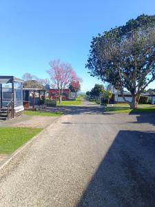 an empty street in a park with a tree at Riverview Studio in Te Puru