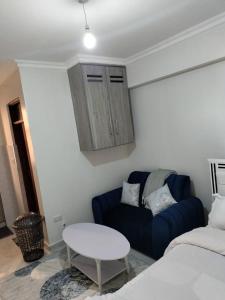 een woonkamer met een blauwe bank en een tafel bij Luxe Homes in Meru +1 foto