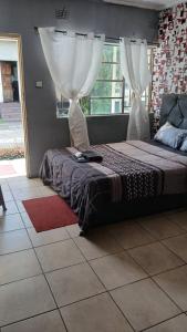 a bedroom with a bed with curtains and a window at Villa guest house in Ndola