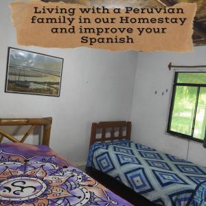 a room with two beds and a sign that reads living with a peruvian family at Wasi Center Homestay in Máncora