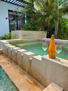 Dos copas y una botella de vino sentados junto a una piscina en Departamento Belembi merida, en Mérida