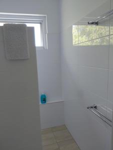 a white bathroom with a shower and a window at Northwood Bed and Breakfast in Perth +18 photos
