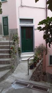 uma porta verde ao lado de um edifício cor-de-rosa em Appartamento Andromeda em Vernazza