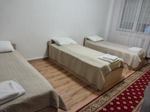 een kamer met 2 bedden en een tapijt bij Class Apartments in Oradea +4 foto's