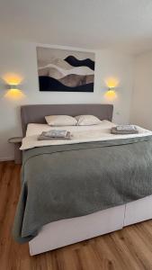 Una cama grande en una habitación con dos luces. en Ferienwohnung Südwind, en Hohentengen