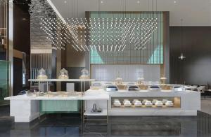 a kitchen with a counter with white bowls on it at Atour Hotel Wuhan Hankou Financial Center in Wuhan