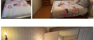 twee foto's van een slaapkamer met een bed en een spiegel bij La maison du coeur in Coudekerque-Branche