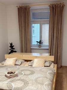 a bedroom with a large bed with a window at Apartmán Bellevie in Znojmo