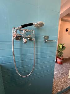 a shower in a bathroom with a blue wall at Front Stupa View in Kathmandu
