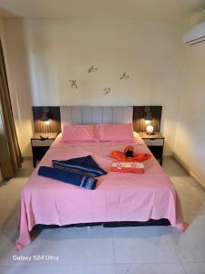 a bedroom with a pink bed with clothes on it at Lá vie taipu in Marau +33 photos