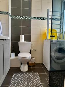 a bathroom with a toilet and a washing machine at Open-space apartment by the SEA in Ashdod