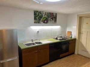 eine Küche mit Spüle und Kühlschrank in der Unterkunft Boxenstop Ossendorf in Warburg