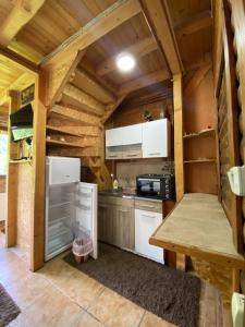 a kitchen in a log cabin with a refrigerator at Apartmani Stajko in Crni Vrh +20 photos